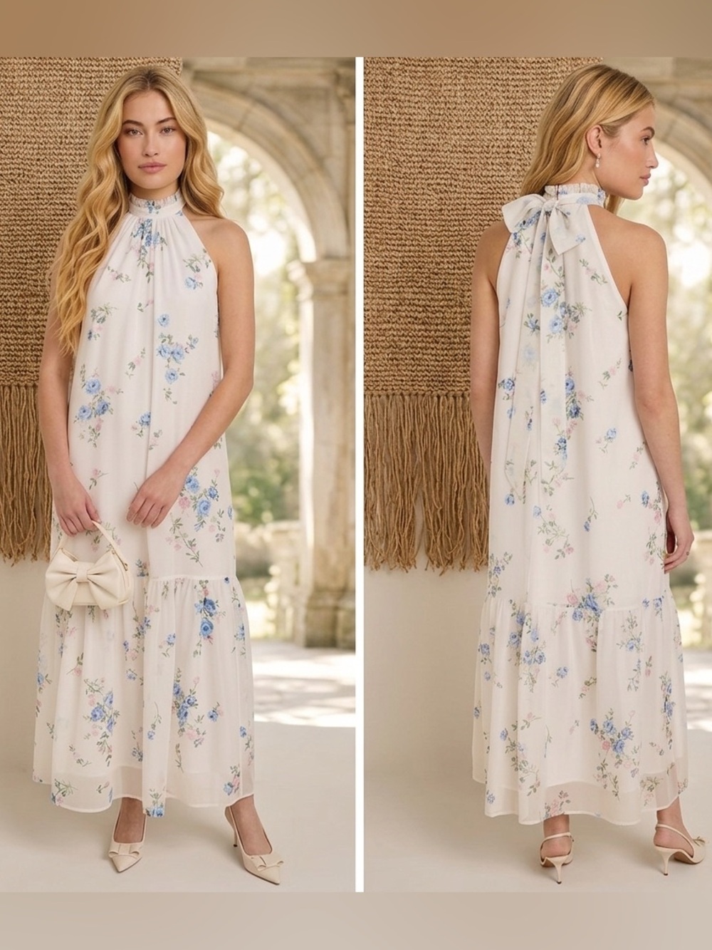 Miami Willow Halter Maxi Dress Cream Floral Halter Maxi Dress size Small
